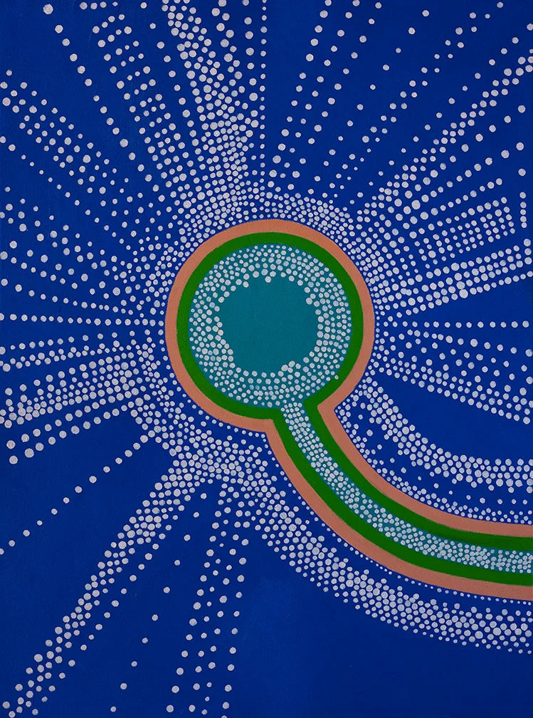 Abstract blue painting with white dot patterns and concentric circles, modern art style