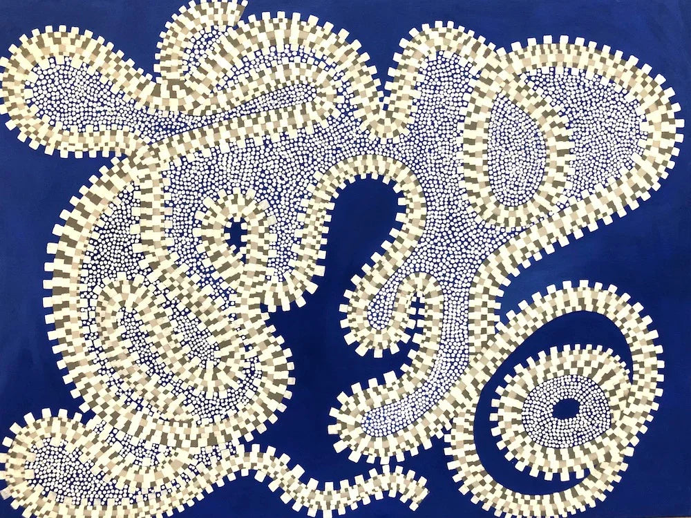 Abstract art with swirling geometric patterns in white and beige dots on a deep blue background