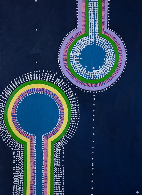 Abstract painting with blue circles, colorful outlines, and dotted patterns on a dark background.