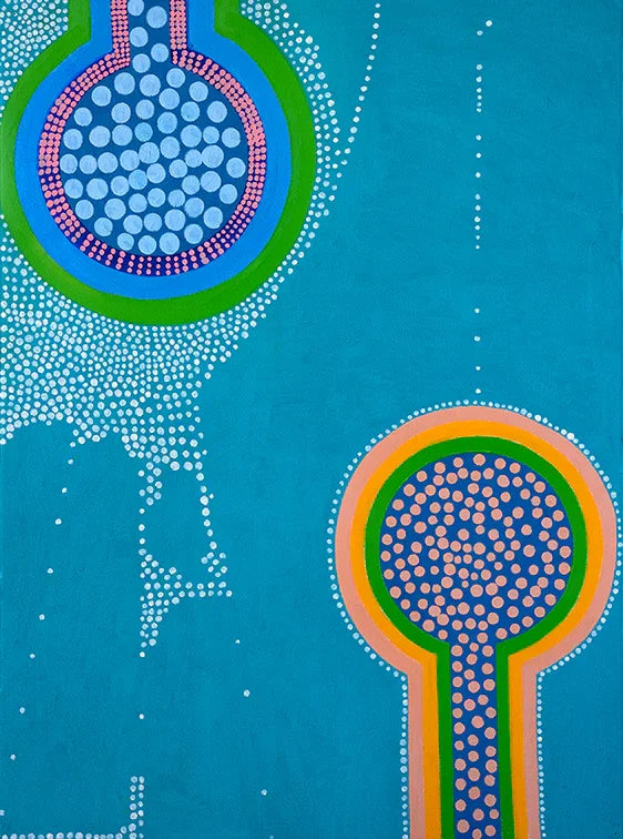 Abstract artwork with colorful circles, dots, and rings on a blue background