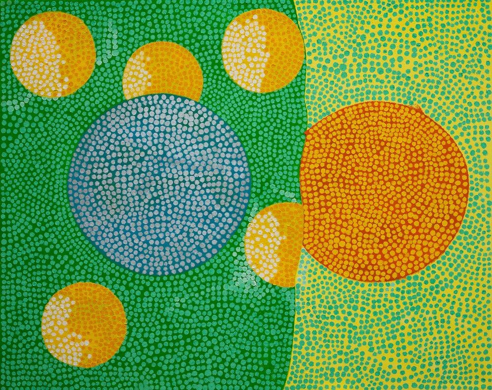Colorful abstract painting with large blue and orange circles, yellow dots, green and yellow background
