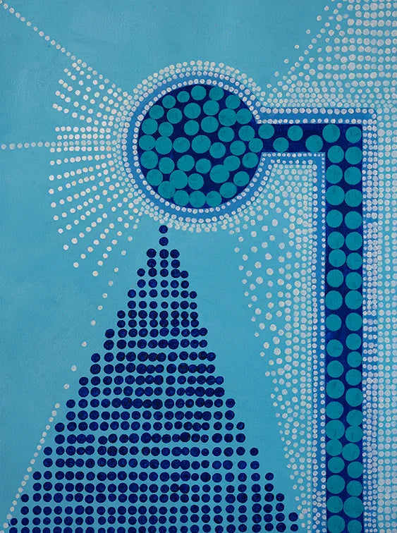 Abstract dot art painting with blue and white circular patterns on a light blue background
