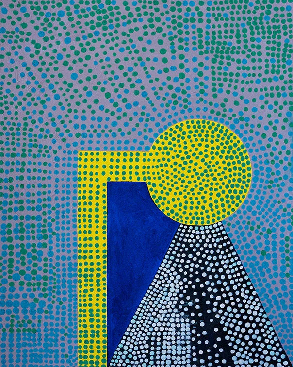 Abstract geometric artwork with yellow, blue, and black dotted shapes on a purple and green dotted background