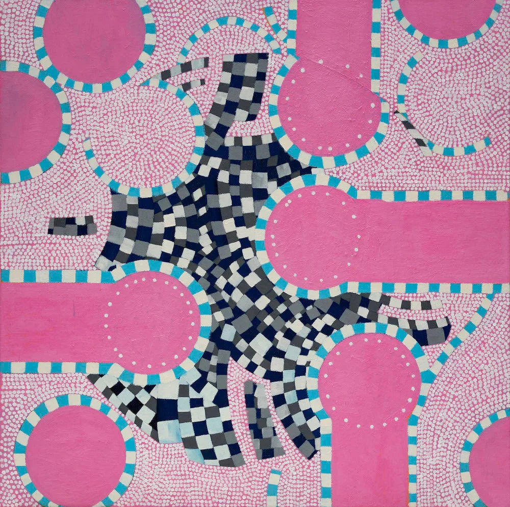 Abstract painting with pink circles, blue checkered shapes, and dotted patterns on canvas