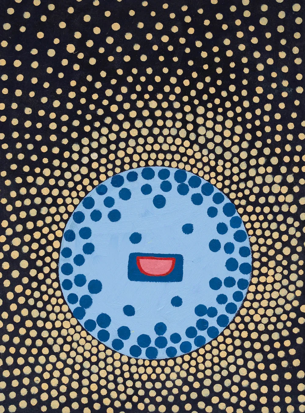 Abstract art featuring a blue circle with dotted patterns and a red mouth on a dark, dotted background.