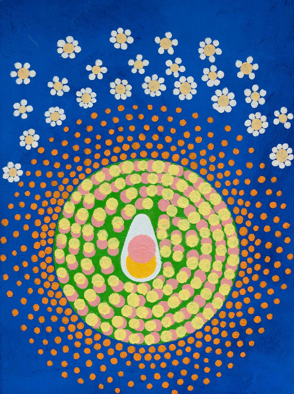 Abstract painting with concentric colorful dots, daisy-like flowers, and bold blue background.