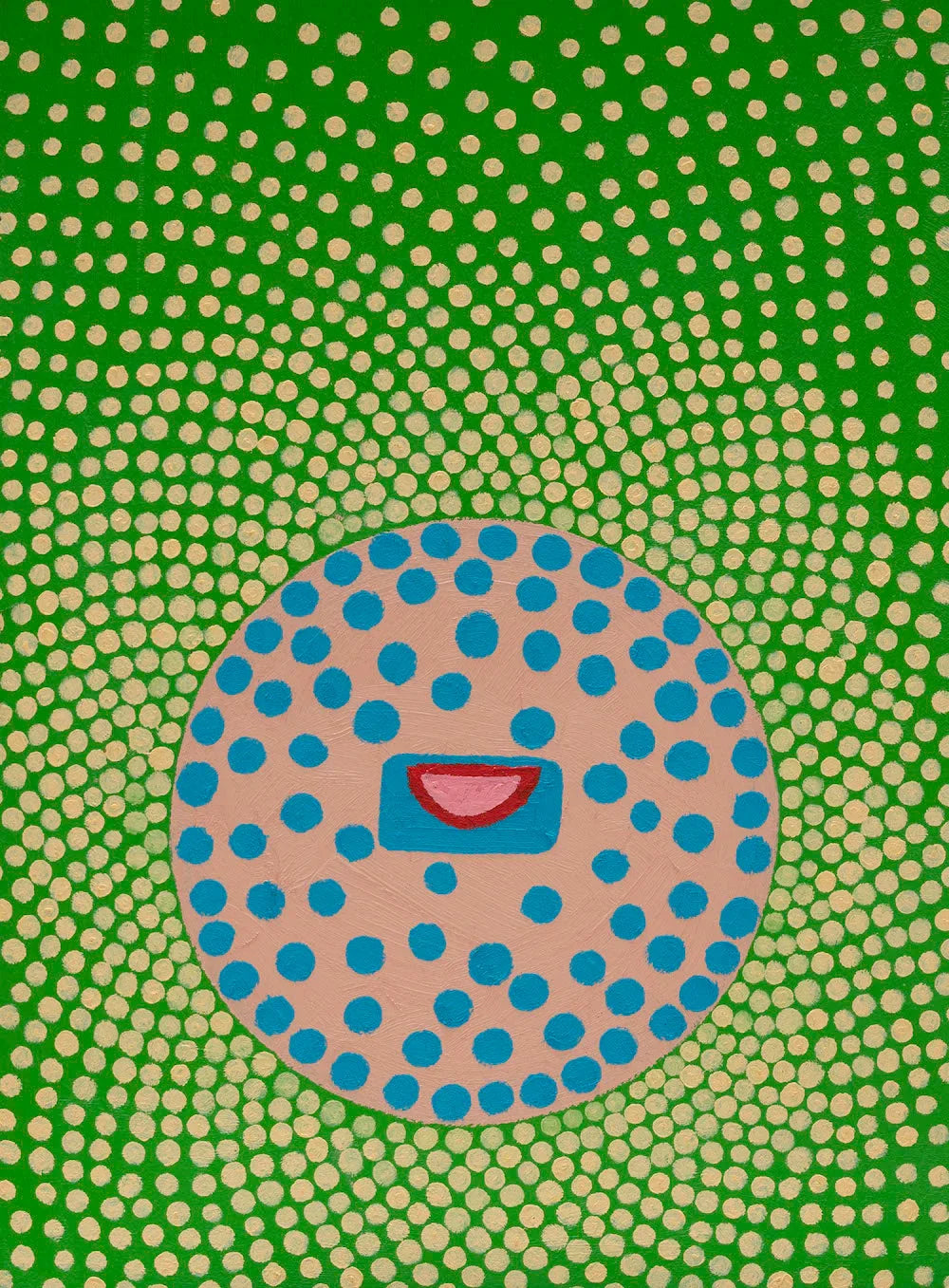 Abstract art with blue and yellow dots, green background, and a central smiling face motif.