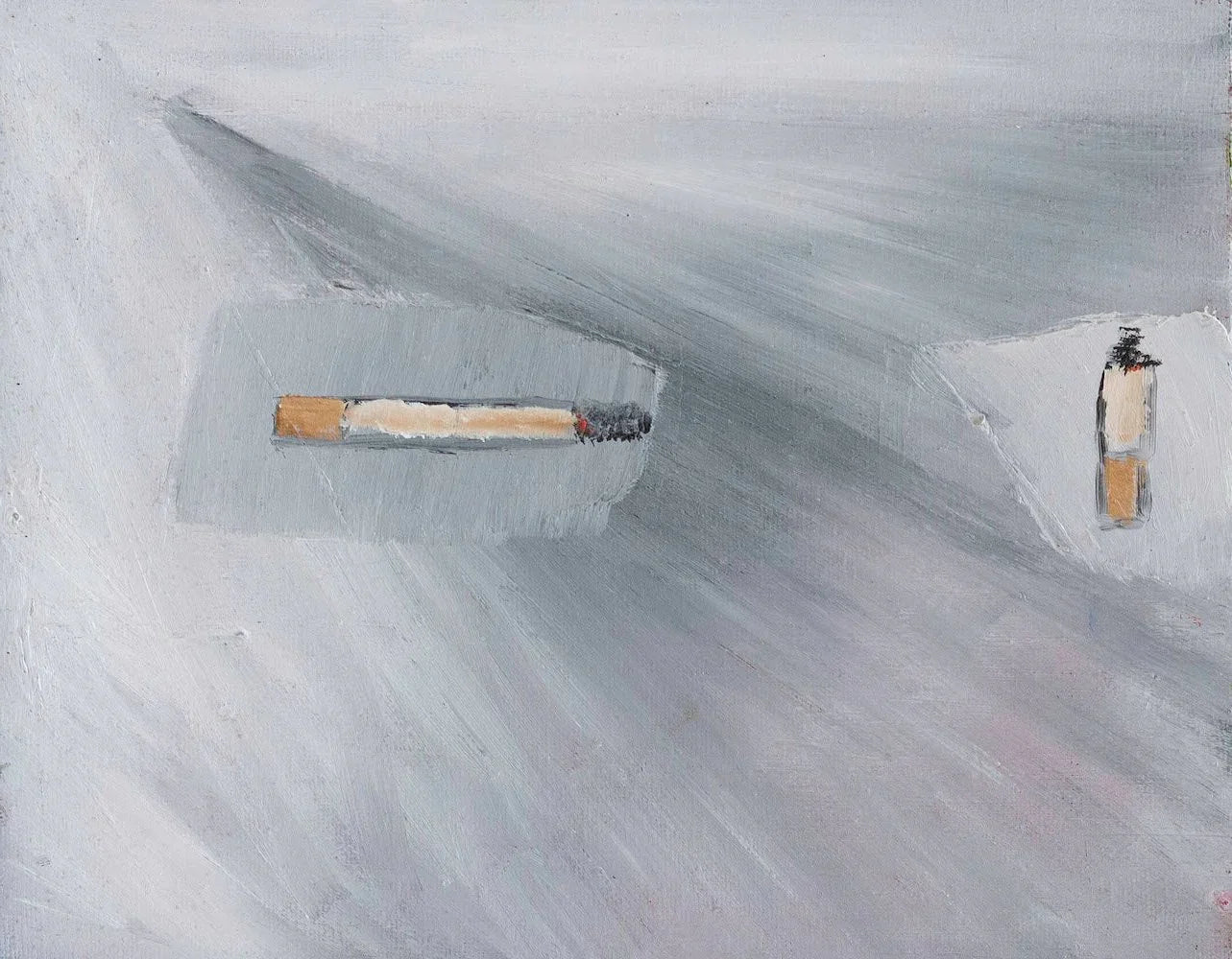 Minimalist abstract painting with two cigarette shapes on a textured gray background