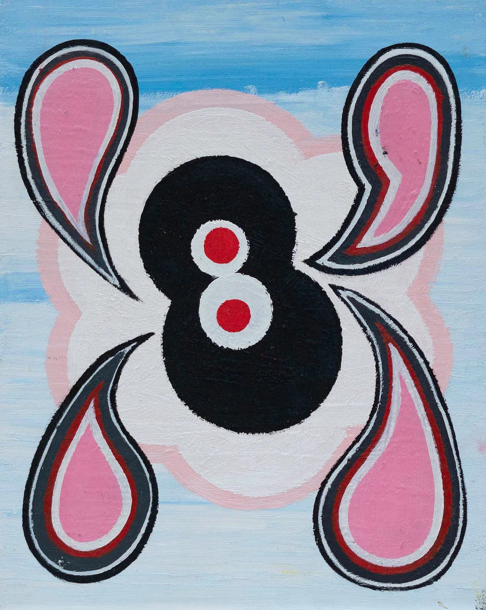 Abstract painting with black and white circles, red dots, and pink teardrop shapes on blue background.