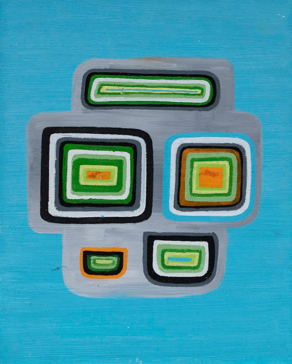 Abstract geometric painting with layered green, orange, and black squares on blue background