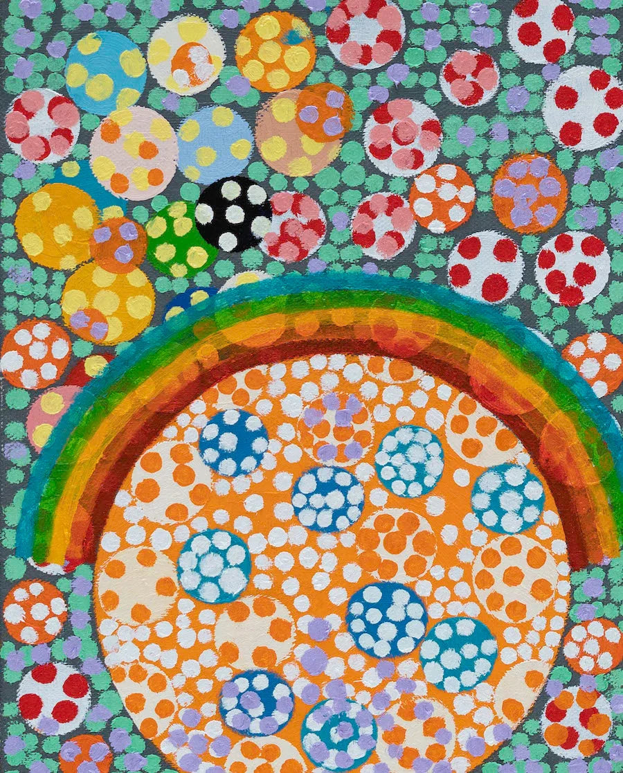Colorful abstract painting with polka dots, rainbow, and vibrant overlapping circles