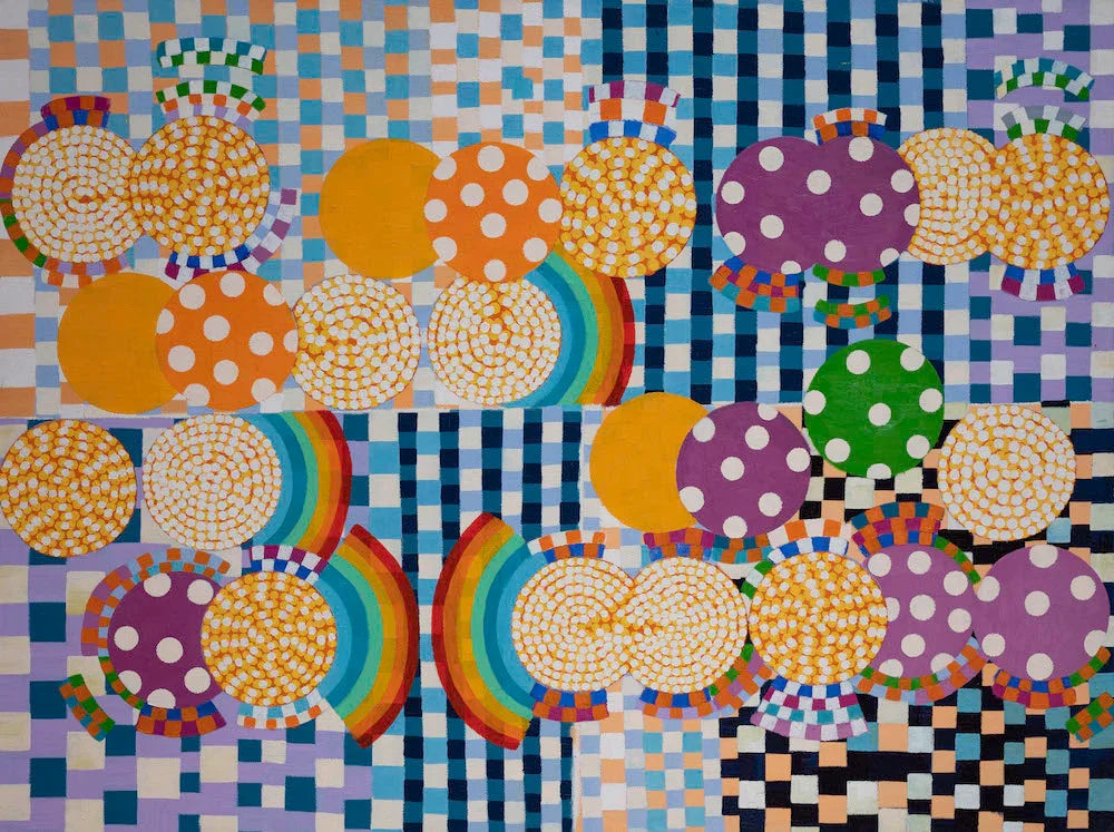 Abstract art with polka-dot circles, rainbows, and checkered blue backgrounds
