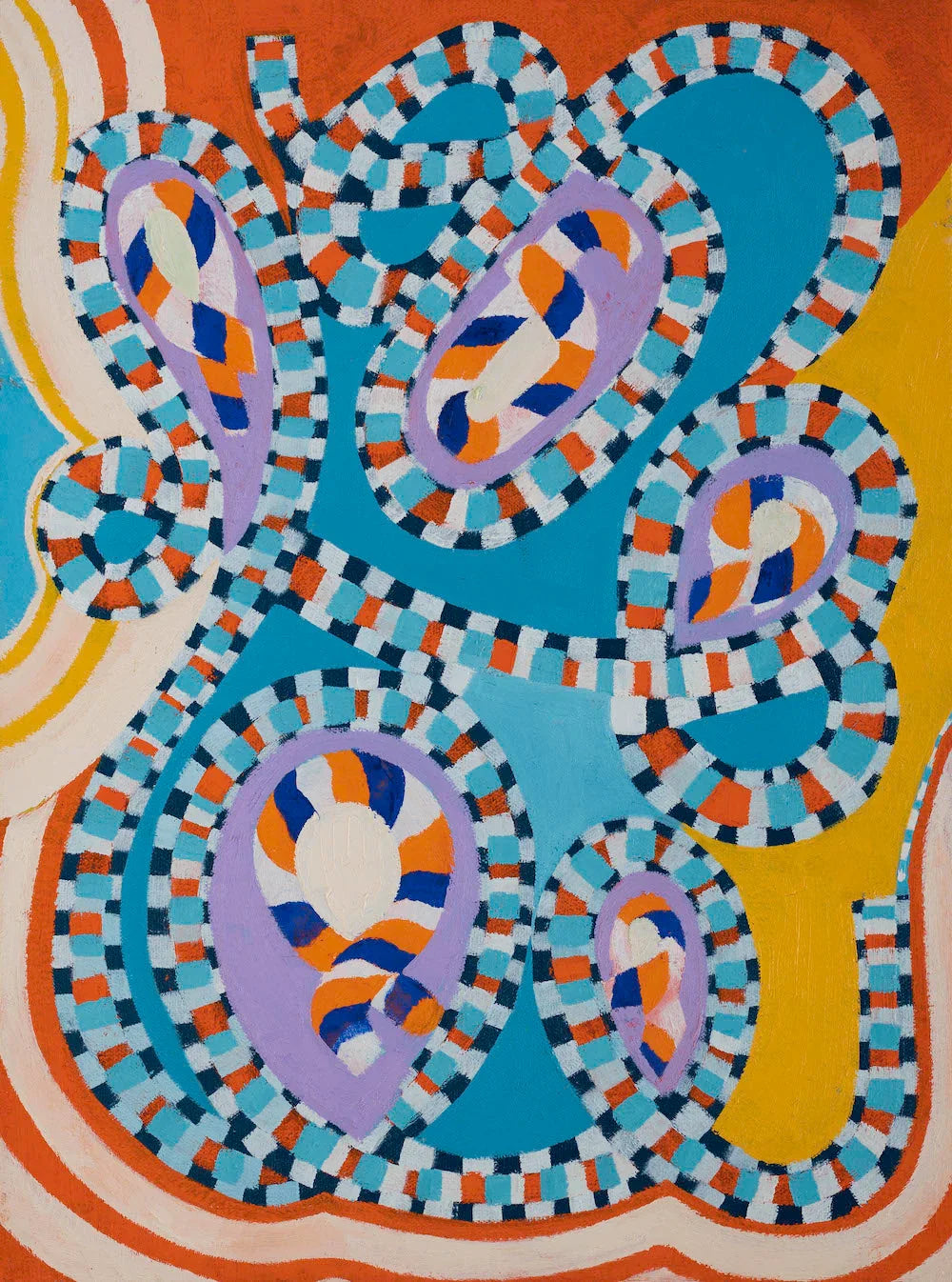 Colorful abstract painting with swirling shapes, checkerboard patterns, and bold blue, orange, and purple tones.