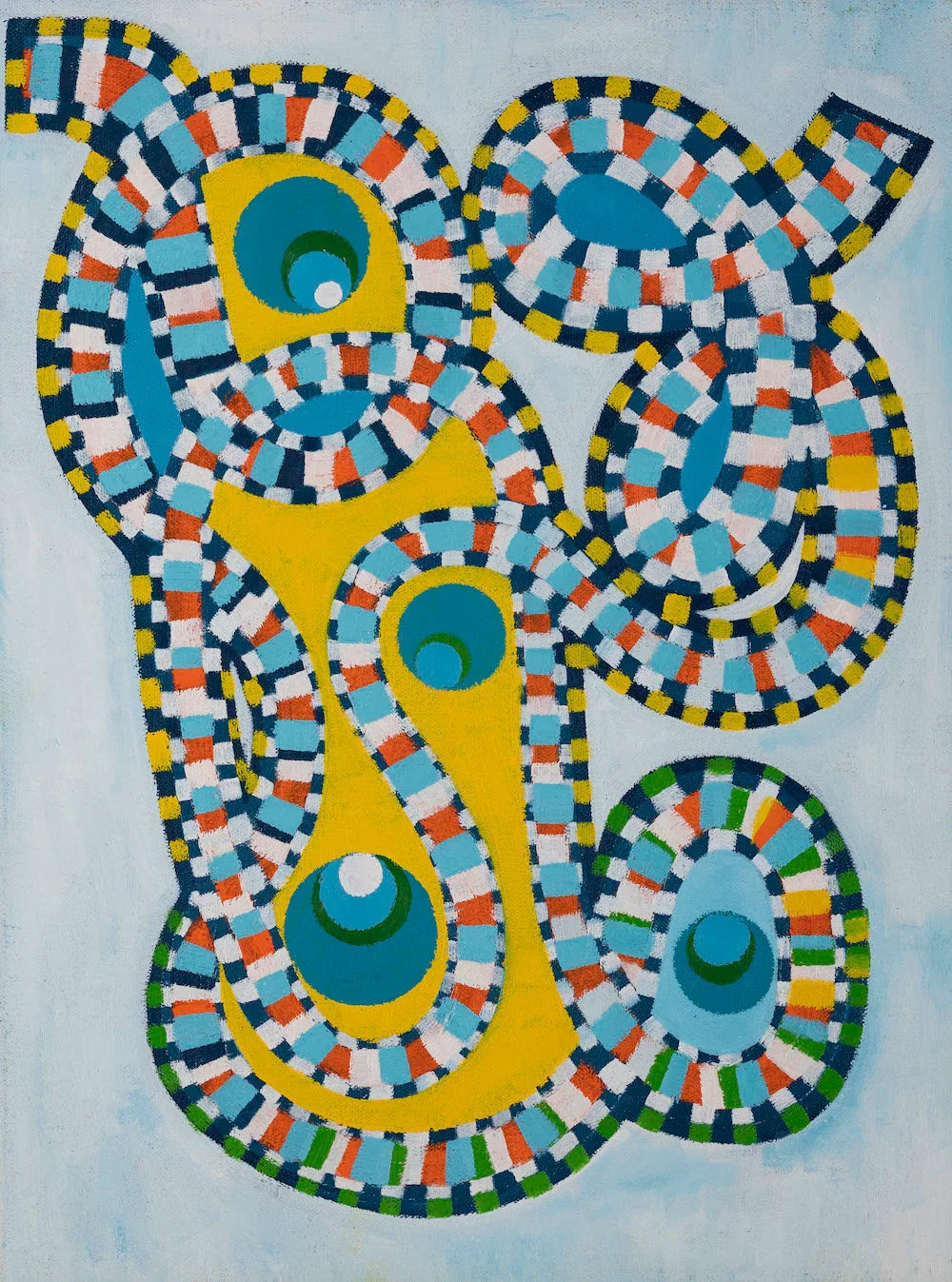 Abstract colorful painting with looping, checkered paths and circular motifs on a yellow background