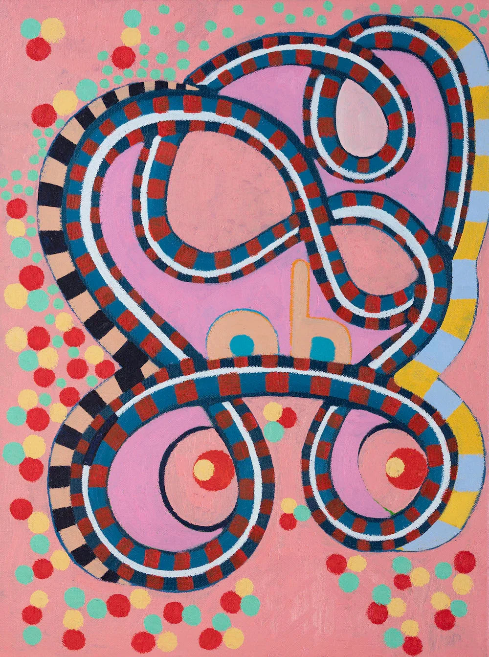 Abstract painting with colorful loops and dots on a pink background, modern art style