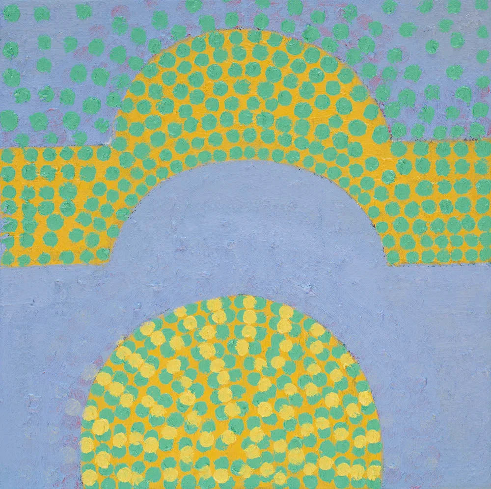 Abstract painting with overlapping arch shapes, green and yellow dots on a lavender background