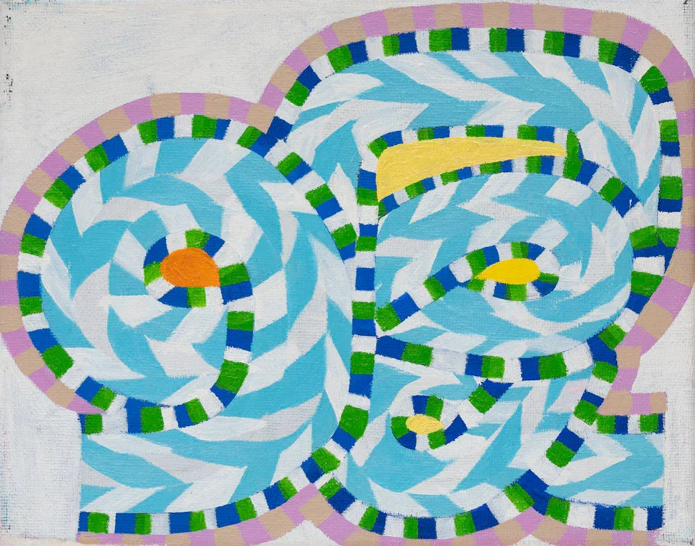Abstract geometric artwork with swirling blue, white, and green patterns on canvas