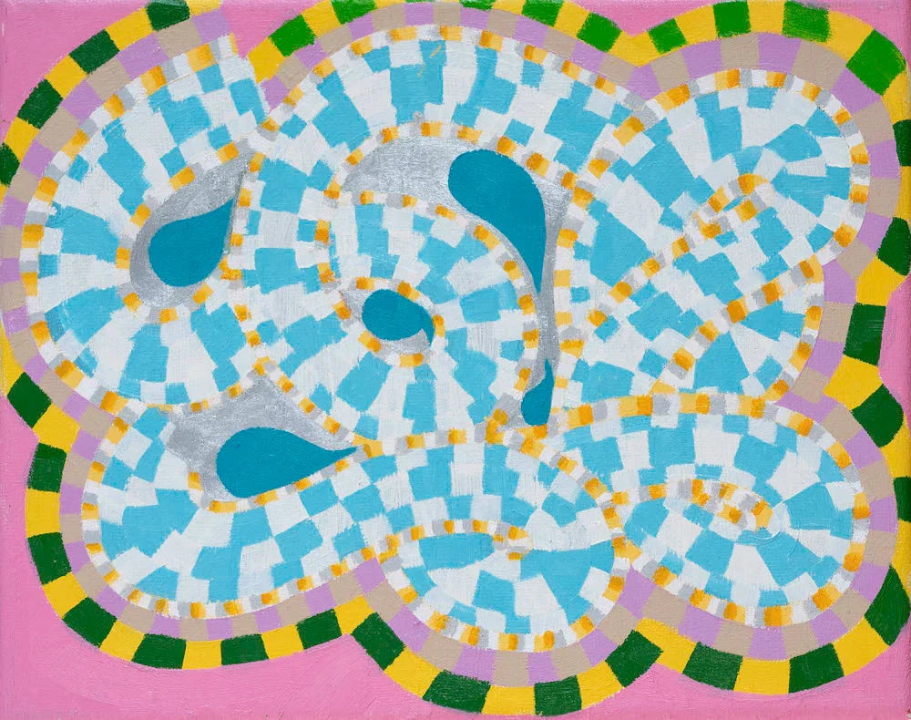 Abstract painting with turquoise, white, yellow, and green patterns on a pink background