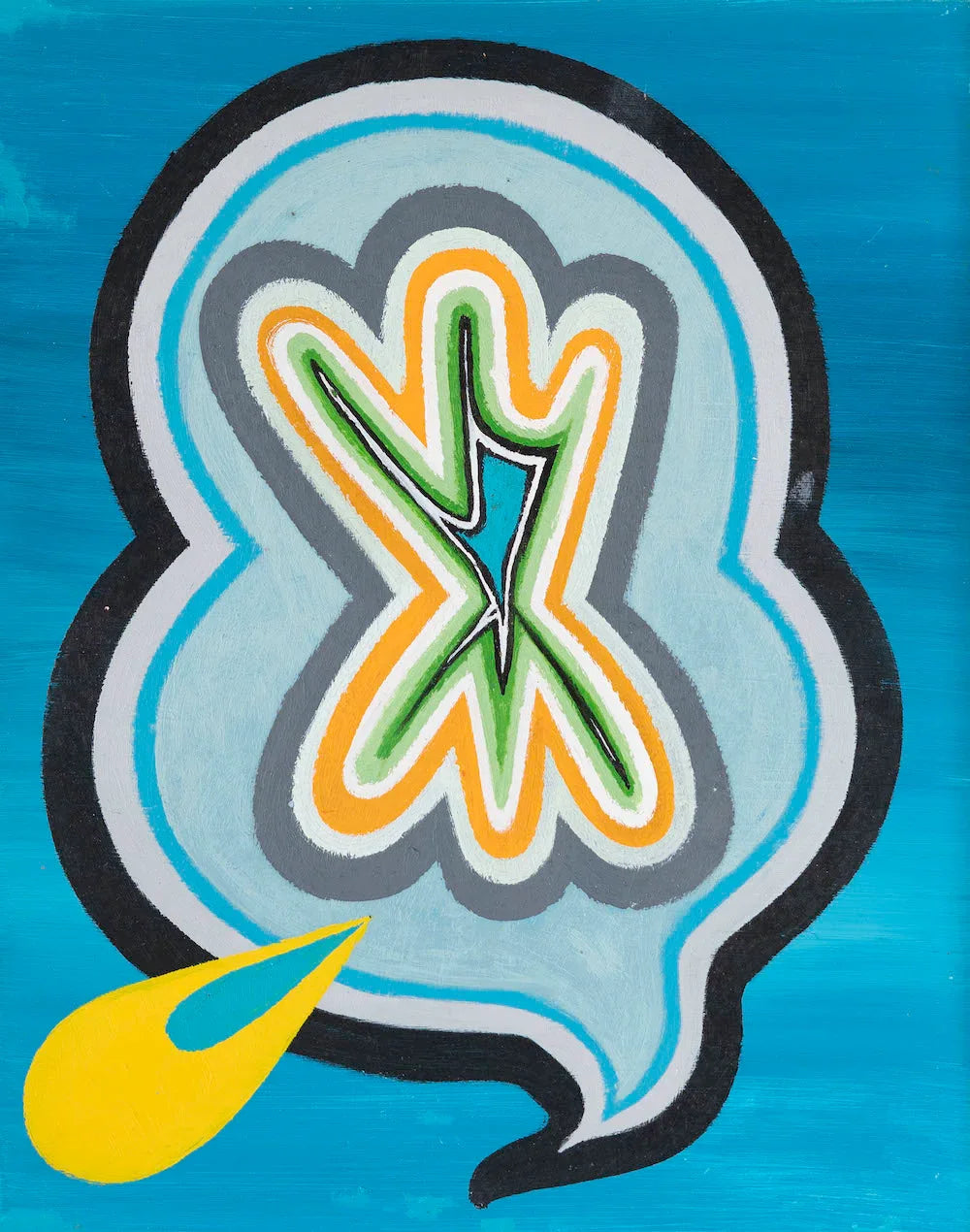 Abstract painting with bold colorful shapes and lines on a blue background, modern art