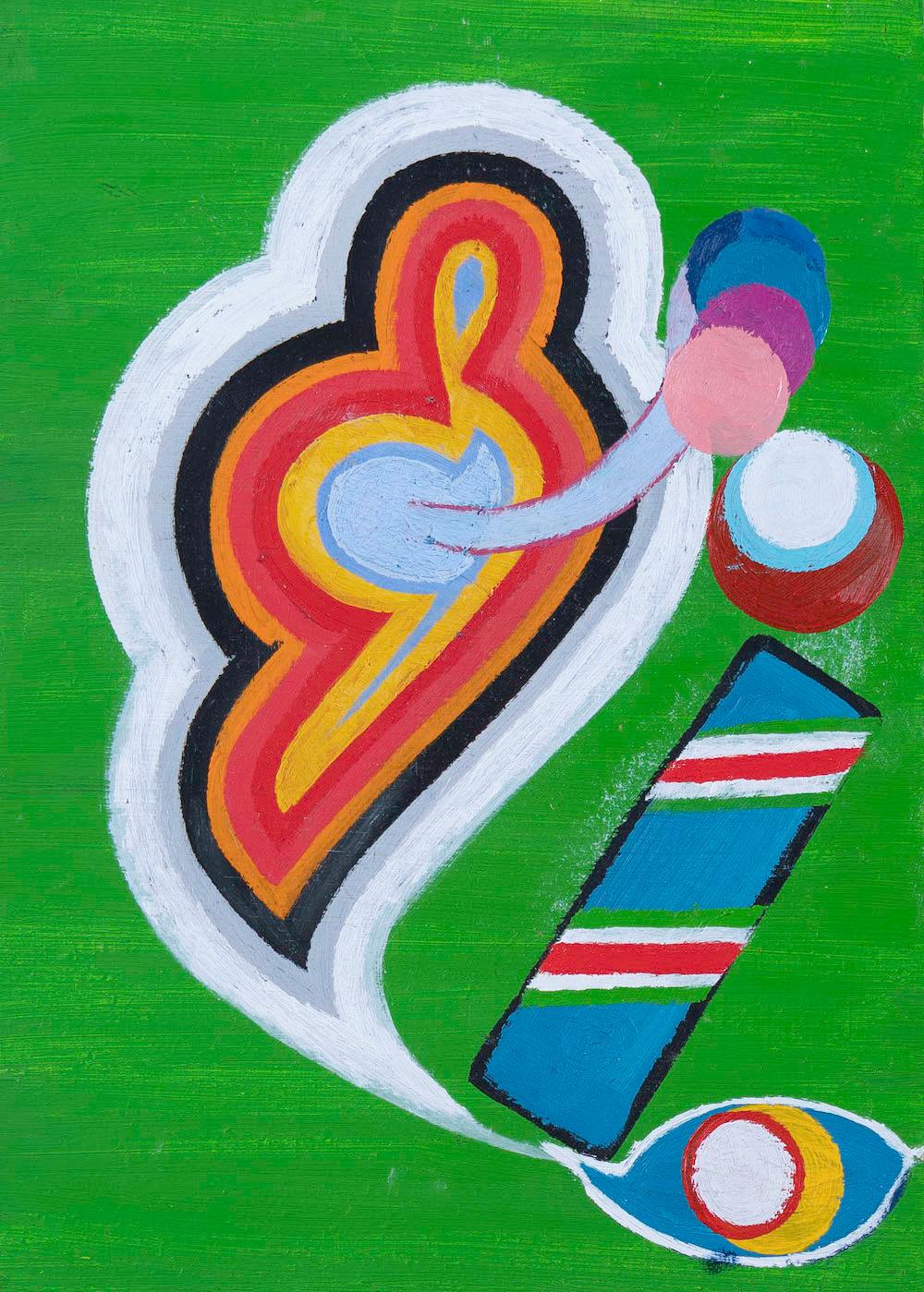 Abstract painting with colorful geometric shapes and bold outlines on a green background