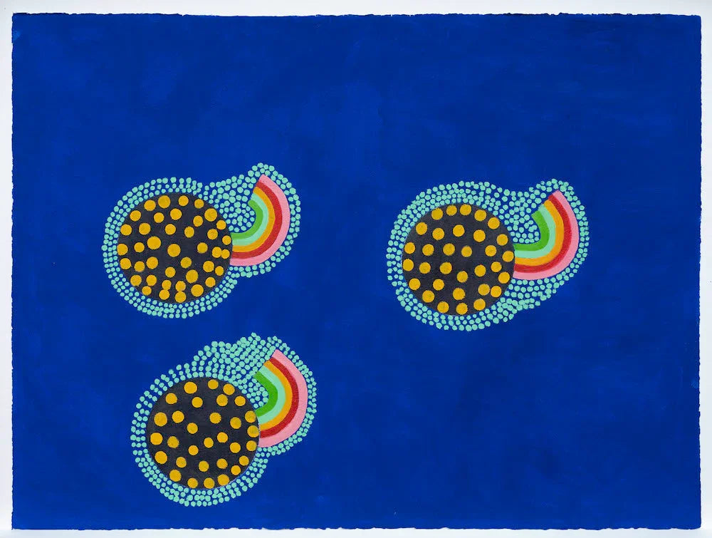 Abstract artwork with three dotted circles, rainbow arcs on a deep blue background.