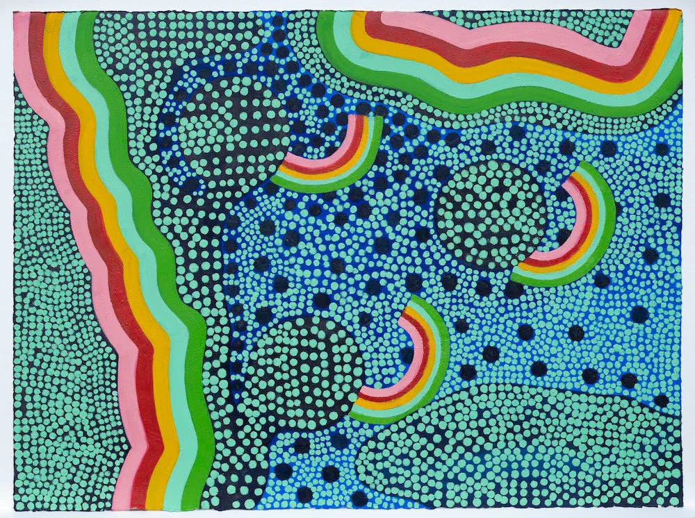 Abstract painting with colorful wavy lines and green dotted patterns on a blue background